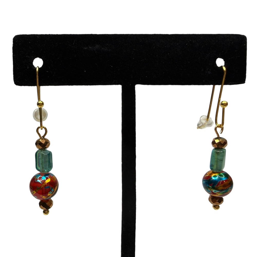 Artisan Lampwork Style Glass Dangle Earrings Gold Tone Beaded Dainty Jewelry 1in - Picture 5 of 6